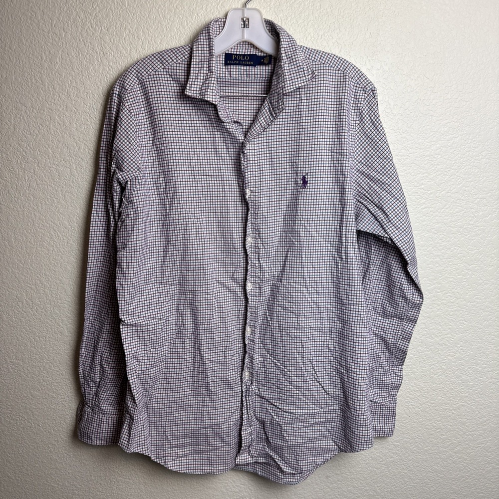 Polo Ralph Lauren Mens Medium Gingham Check Long Sleeve Button Up Shirt Purple